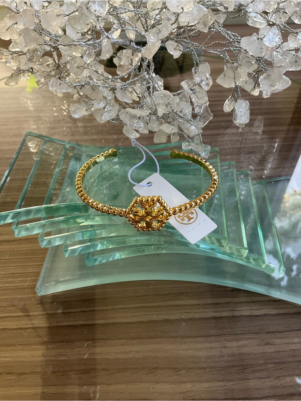 Tory Burch Hexagon Gold Logo Beaded Cuff Bracelet